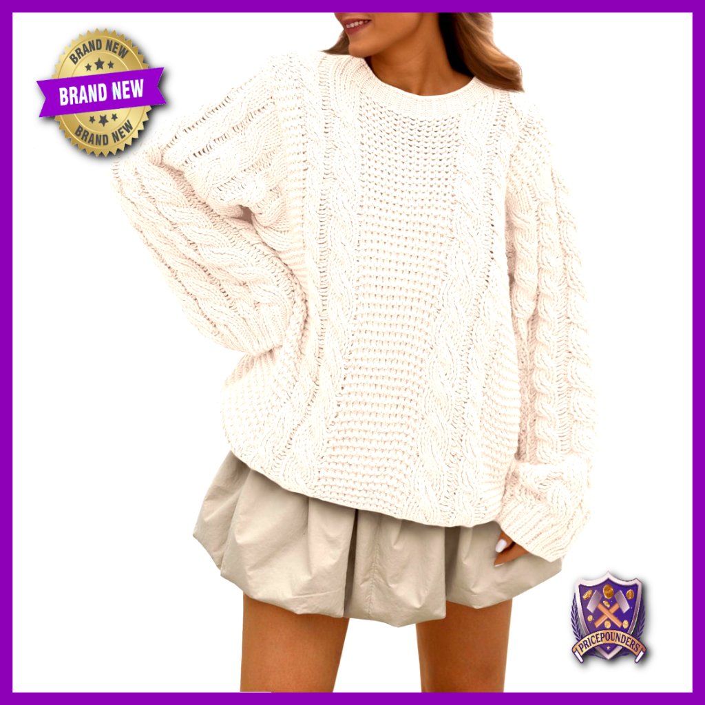 Oversized Cable Knit Pullover Sweater, Cotton Acrylic Blend, Cozy Fall Winter